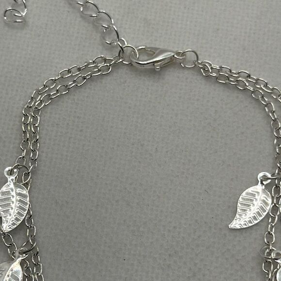 Brand New!! Double chain bracelet, anklet with leaf charms and textured disco ba - Picture 3 of 3